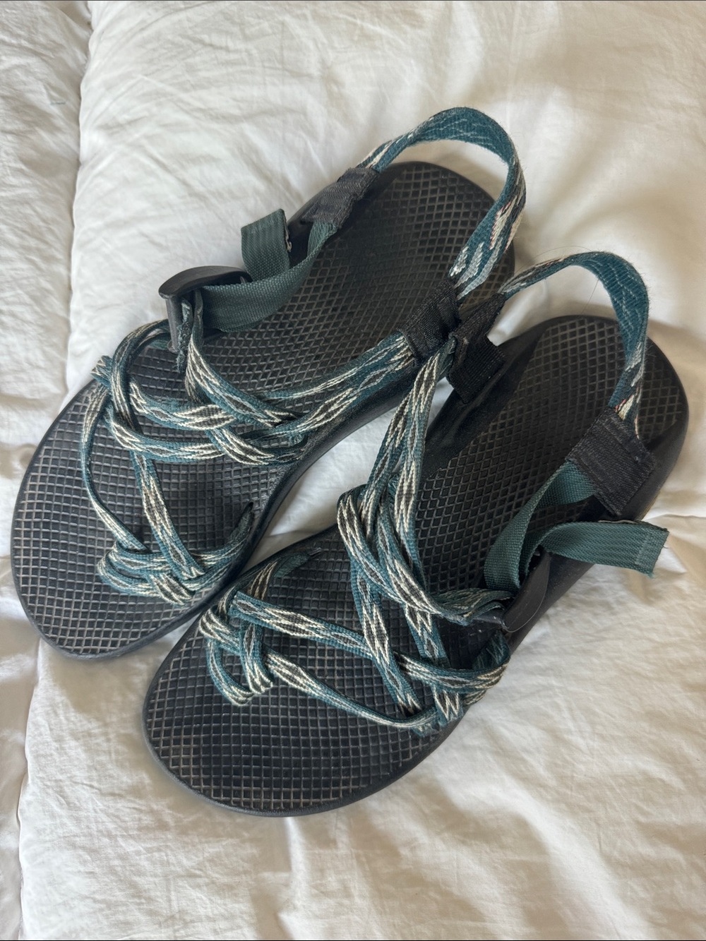 Chaco Teal and Black Strap Sandals with Patterned Webbing